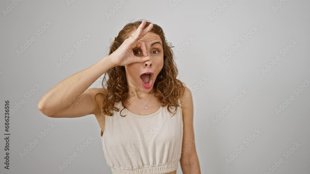 Shocked young woman pulls a surprised face, peering through ok-sign finger gesture. expressive eyes in disbelief - standing isolated on white background
