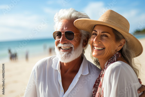 Senior couple on summer vacation at the beach.