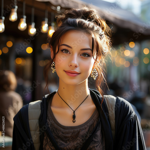  Portraits of The most beautiful 30 years old female short hair reporter is extremely happy with a beautiful smile at the camera.