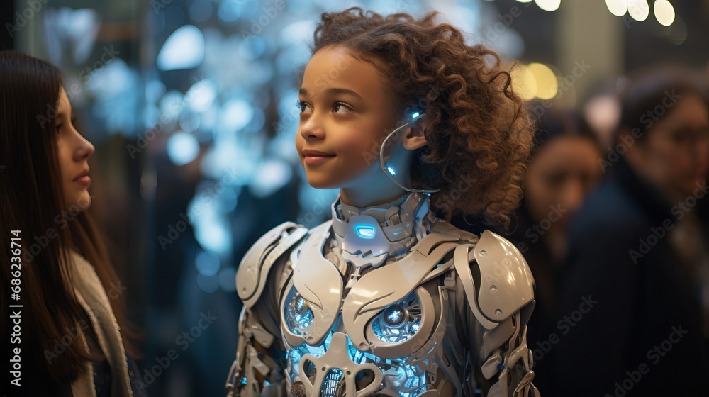 Fashion-forward individual wearing sustainable and interactive LED clothing at a tech-forward event, parents and kids dressed as their favorite sci-fi characters. Concept of Eclectic Style.
