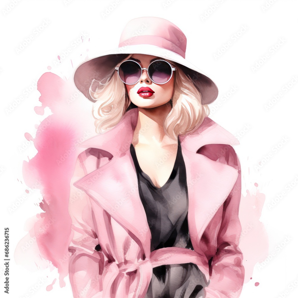 Pink Fashion Girl Exuding Confidence Watercolor Clipart