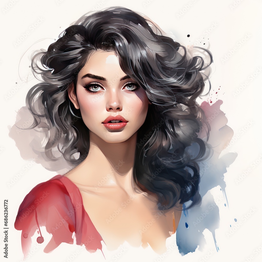 Fototapeta premium Dark Hair Glam Girl in Rich Hues Watercolor Clipart