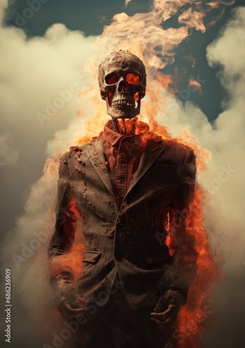 a skeleton in a suit on fire