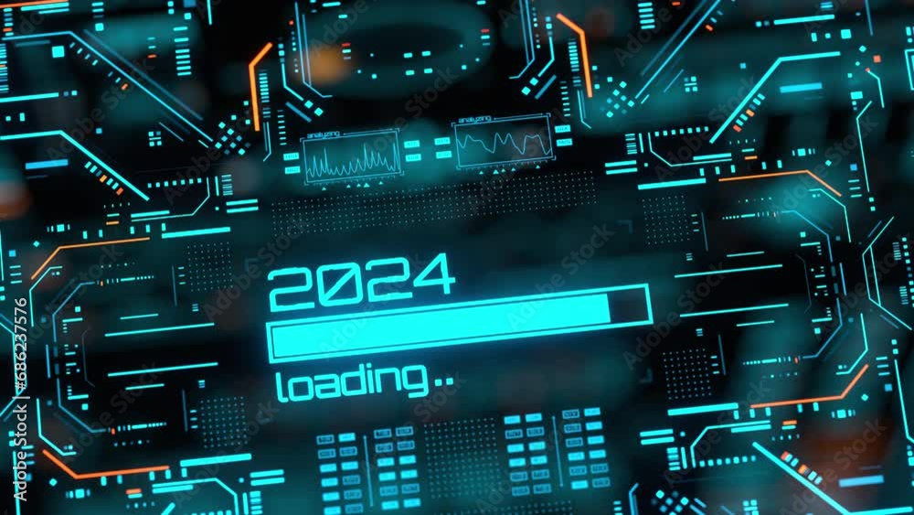 New 2024 year progress bar on digital lcd display with reflection. Concept of new year, annual plan, growth strategy, business planning, investment trends and strategy road map.