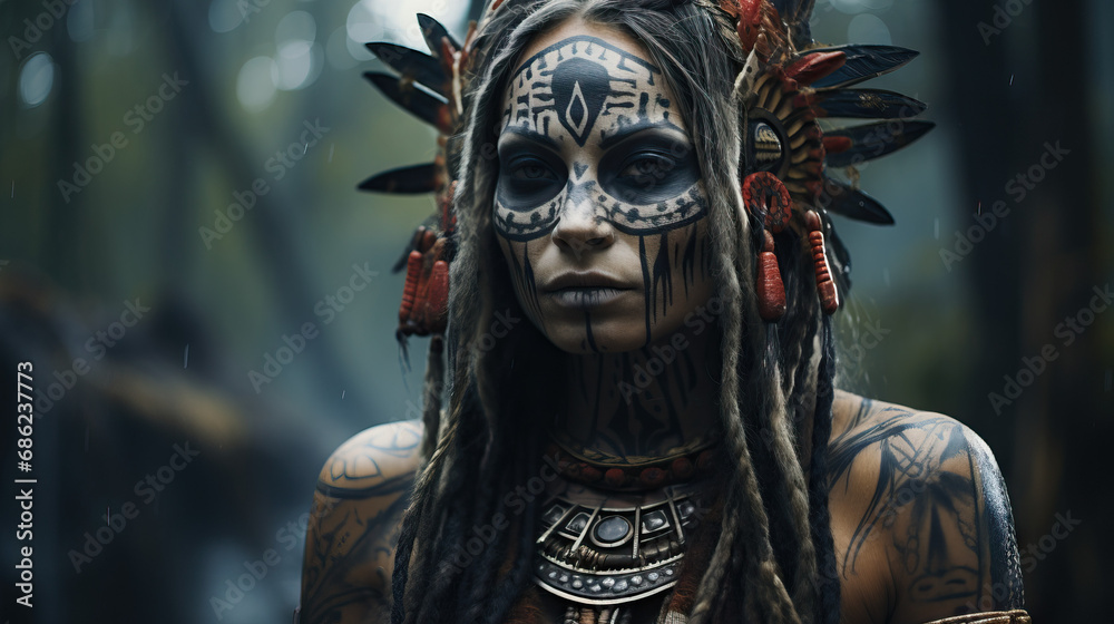 Portrait of a tribal shaman with intricate face paint, tribal accessories, and a mystical atmosphere. Concept of Spiritual Connection, Ancient Wisdom, and Shamanic Traditions. Portrait of a tribal shaman with intricate face paint, tribal accessories, and a mystical atmosphere. Concept of Spiritual Connection, Ancient Wisdom, and Shamanic Traditions.