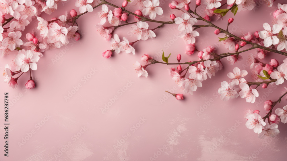 Flowers on tree branches on a soft pink background with copy space for text.