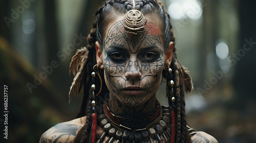 Portrait of a tribal shaman with intricate face paint, tribal accessories, and a mystical atmosphere. Concept of Spiritual Connection, Ancient Wisdom, and Shamanic Traditions.