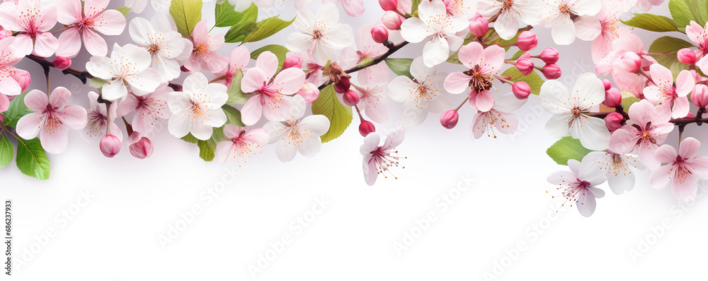 Beautiful cherry twigs with flowers on a white background and copy space for text at the bottom. Spring background.