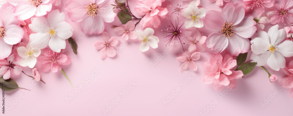 Beautiful spring flowers on a pink background and copy space for text at the bottom. Spring background.