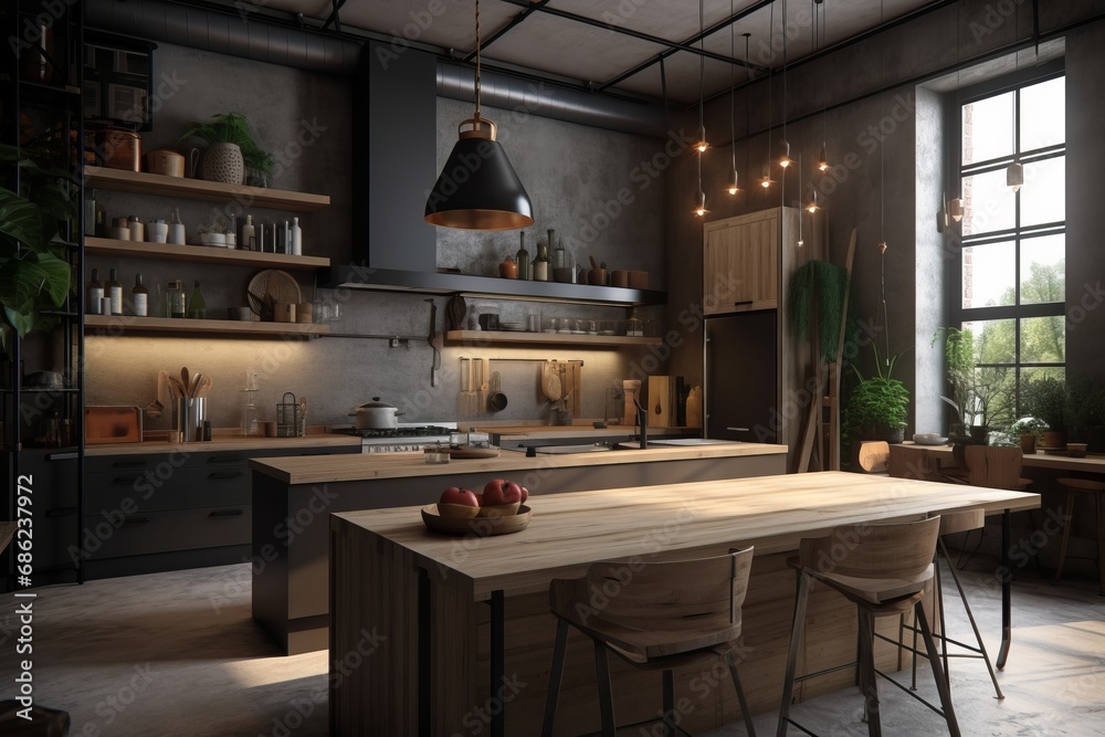 Cozy kitchen interior in modern house. Gray walls and wooden furniture.