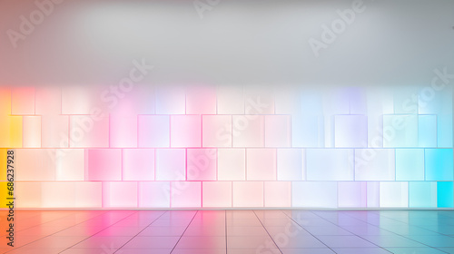 Colored lights illuminating a minimalist white space. 