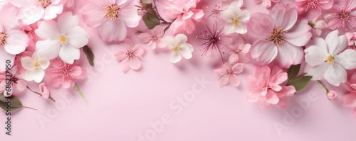 Beautiful spring flowers on a pink background and copy space for text at the bottom. Spring background.