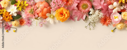 Beautiful spring flowers on a beige background and copy space for text at the bottom. Spring background.