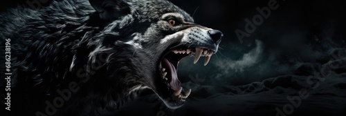 Angry grinning wolf (Canis lupus) on black background. Growling muzzle of a wolf. Banner about wild animal with copy space photo