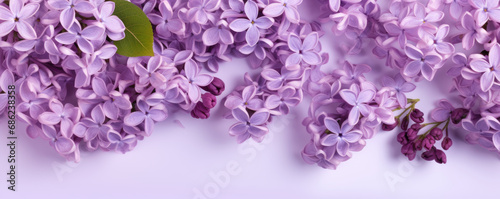 Beautiful lilac flowers with leaves on a light purple background. Spring background.