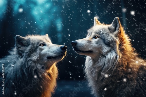 Two beautiful wild arctic wolves in wolf pack in cold snowy winter forest. Couple of gray wolves. Banner with wild animals in nature habitat. Wildlife scene photo