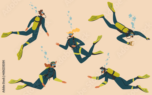 Scuba diver characters in wetsuit gear, aqualung and goggles isolated set