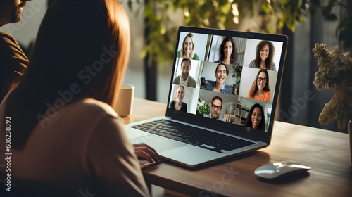 Back view of female employee talk speak on video call on laptop with diverse business people. Online business meeting, video call group of people meeting on virtual workplace or remote office. photo