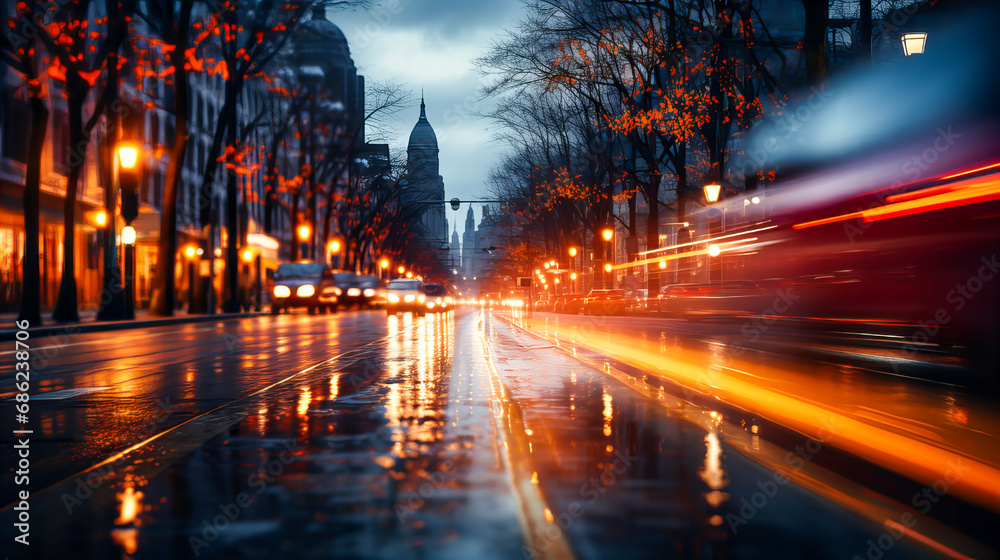 Abstract blurred background of a city street at night with bokeh. Traffic in the city at night, defocused lights on the road. Generative AI technology. Abstract blurred background of a city street at night with bokeh. Traffic in the city at night, defocused lights on the road. Generative AI technology.