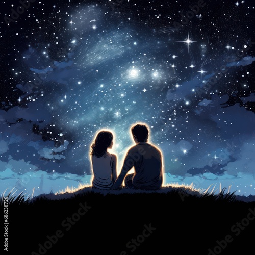 Couple Sitting Together Gazing at Stars Shared Dreams
