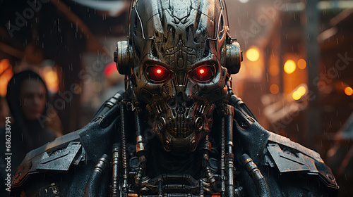 Portrait of a dystopian bounty hunter with cybernetic enhancements, rugged attire, and a steely gaze. Concept of Futuristic Justice, Cybernetic Pursuit, and the Gritty Realities of a Dystopian World.