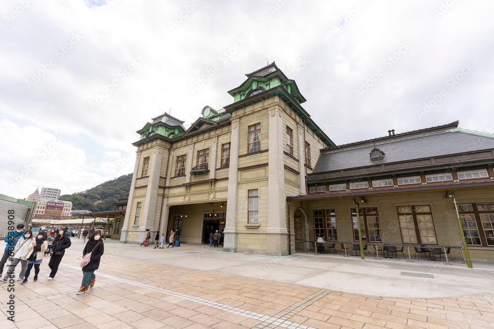 The old Mojiko station building with blue sky in Kitakyushu, Japan.