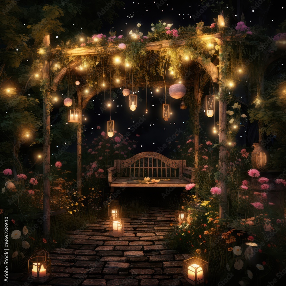 Obraz premium Magical Garden Party Scene Whimsical Lights Enchanting Florals