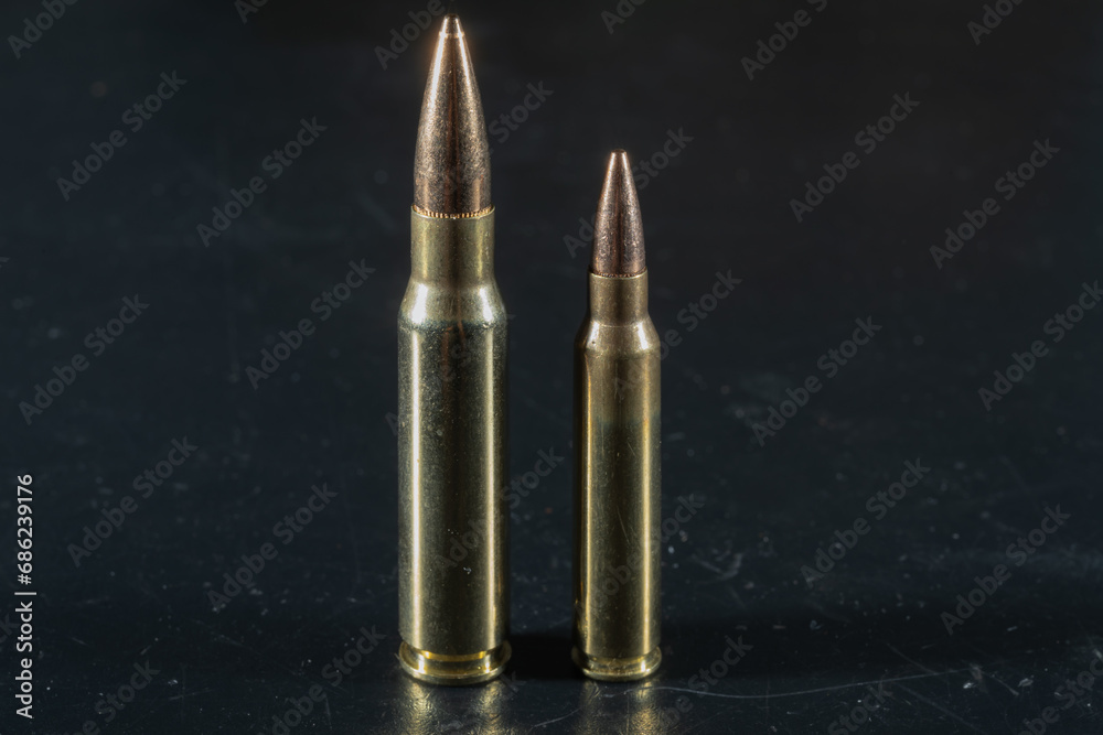 Macro photo of rifle cartridges of 5.56x45mm and 7.62x51mm caliber. Macro photo of rifle cartridges of 5.56x45mm and 7.62x51mm caliber.