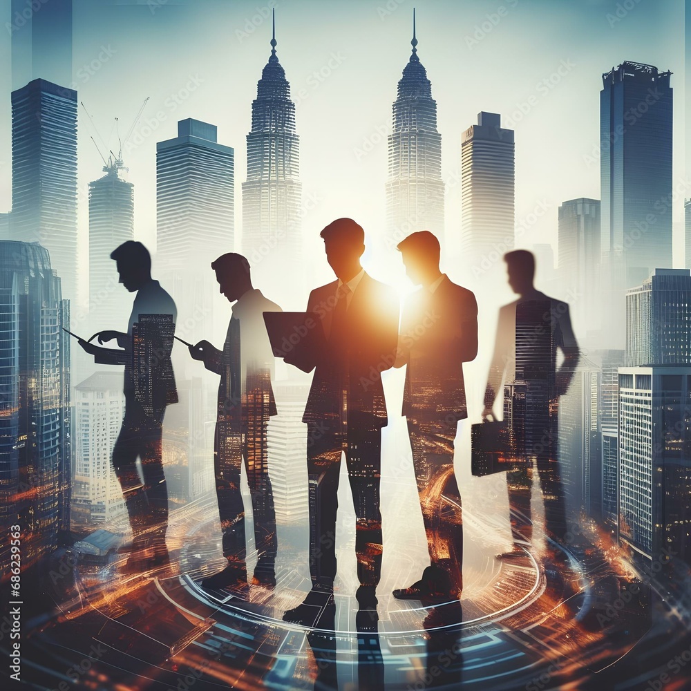Obraz premium Dynamic Kuala Lumpur skyline backdrop frames businessmen silhouettes in a teamwork-inspired multiexposure. Ideal for conveying collaboration and meeting dynamics