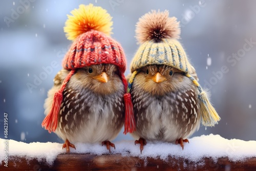 Two cute and funny robin birds in winter knitted hat sitting on the tree branch in snowy forest. Christmas or New Year concept. Wildlife scene from nature. First snow. Winter banner or card © ratatosk