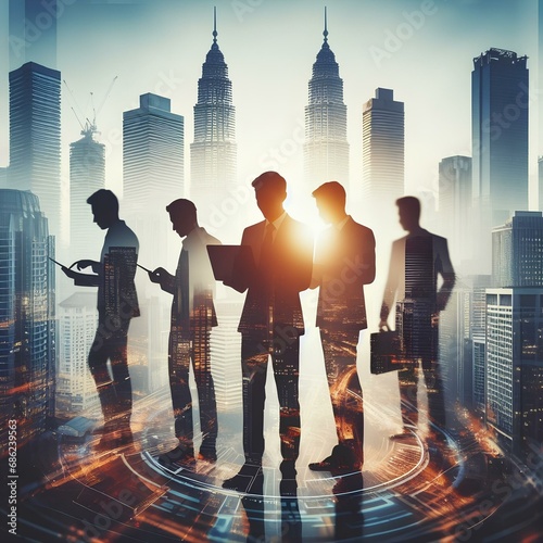 Dynamic Kuala Lumpur skyline backdrop frames businessmen silhouettes in a teamwork-inspired multiexposure. Ideal for conveying collaboration and meeting dynamics
