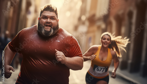 Fat man running a marathon he is tired but happy