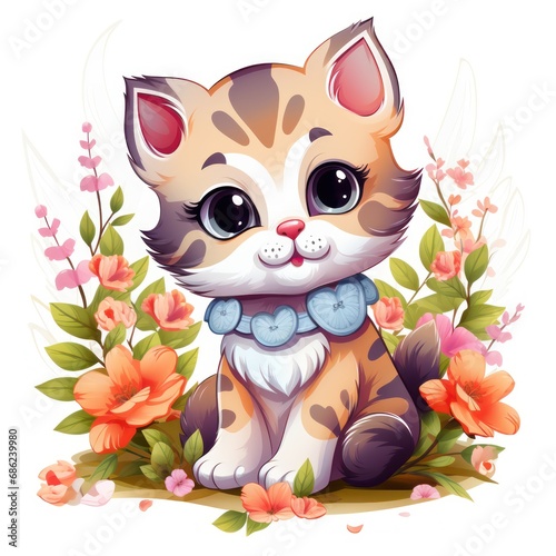 Adorable Cat Surrounded by Butterflies in Cartoon Style