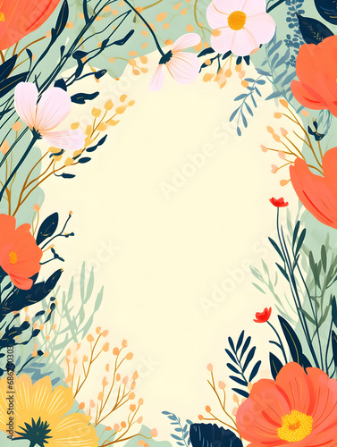Simple flat spring flowers border. Invitation template. Bright colors on a white background. High quality