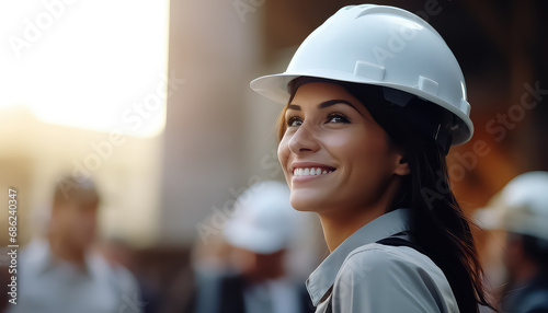 Female construction worker in helmet at construction site