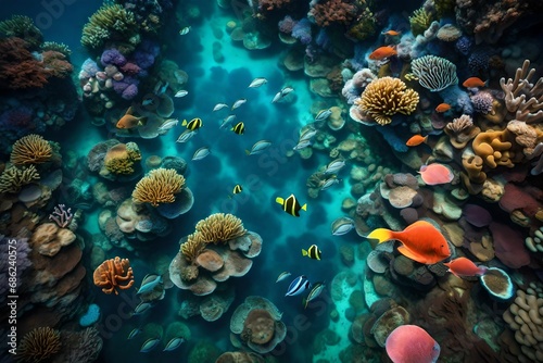 "Generate an aerial view of a coral reef teeming with marine life, showcasing the beauty of underwater ecosystems."