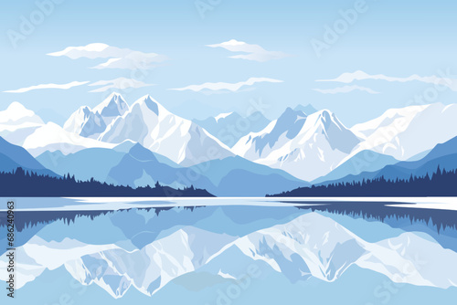 Beautiful panoramic landscape of a lake with reflections against the backdrop of stunning large mountains covered with snow, trees and amazing clouds. Vector illustration for Christmas or New Year.