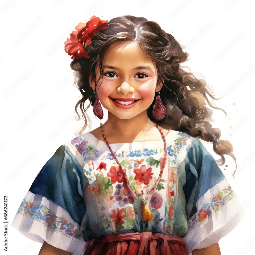 Vibrant Hispanic Girl in Traditional Dress Watercolor Clipart Vibrant Hispanic Girl in Traditional Dress Watercolor Clipart