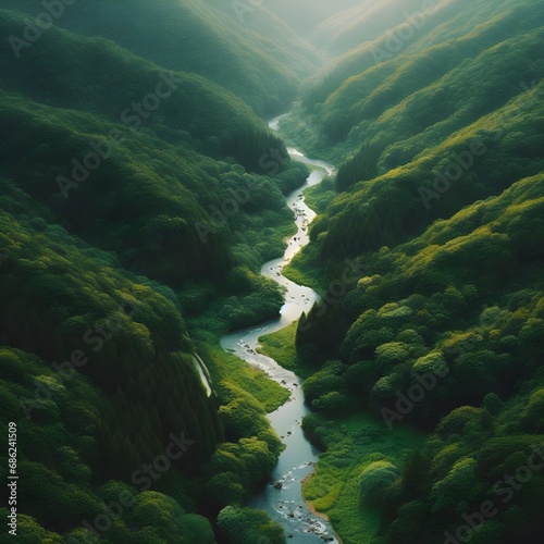 A lush green forest with a winding river
