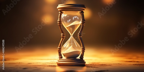 A black sand hourglass against a blue background, symbolizing time passing