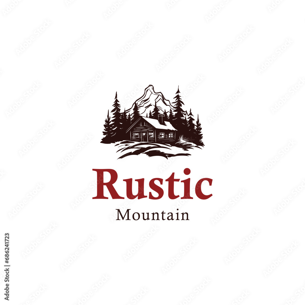 forest wooden house village cabin logo design,premium wooden cabin and pine forest mountain retro vector black logo