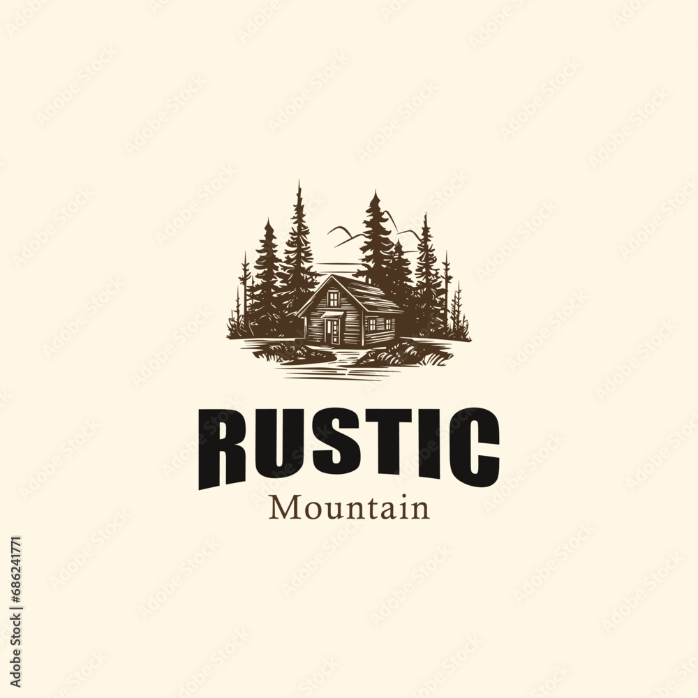 forest wooden house village cabin logo design,premium wooden cabin and pine forest mountain retro vector black logo
