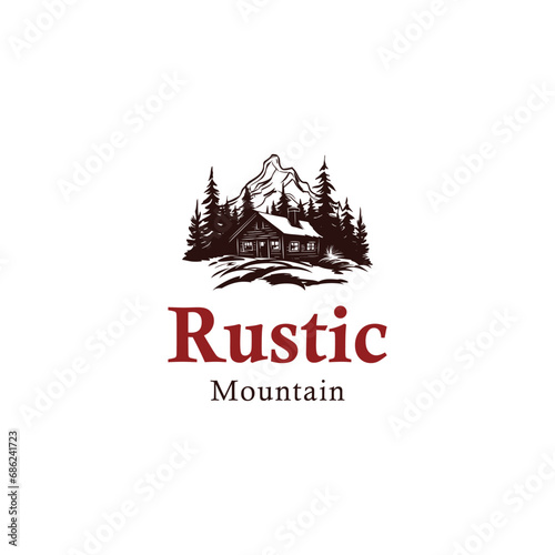 Obraz na płótnie forest wooden house village cabin logo design,premium wooden cabin and pine forest mountain retro vector black logo w salonie