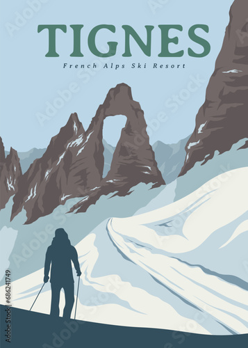 tignes french alps ski poster vintage design, france national park poster design