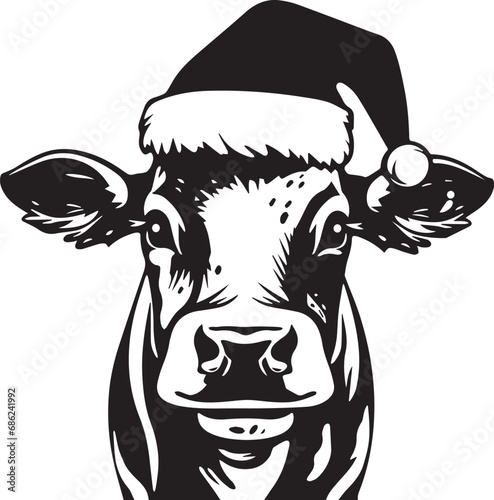 black and white cow with Christmas hat