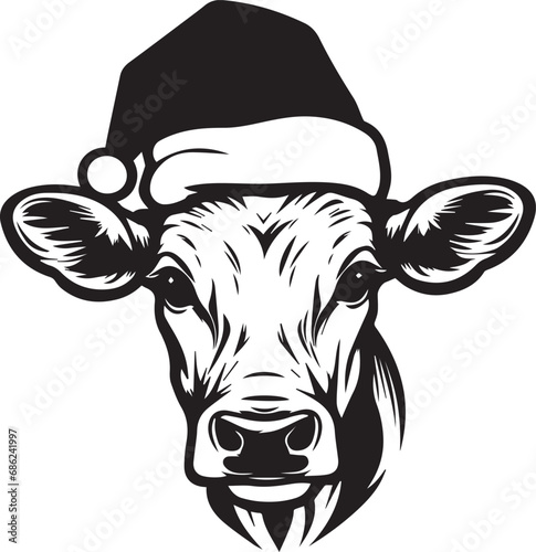 black and white cow with Santa Christmas hat