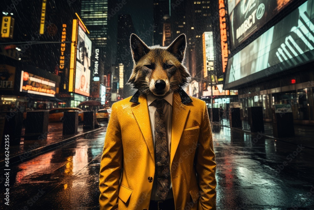 Wolf man dressed in gray suit with jacket, yellow shirt and tie on business street. Businessman on wall street. Marketing and broker concept Wolf man dressed in gray suit with jacket, yellow shirt and tie on business street. Businessman on wall street. Marketing and broker concept