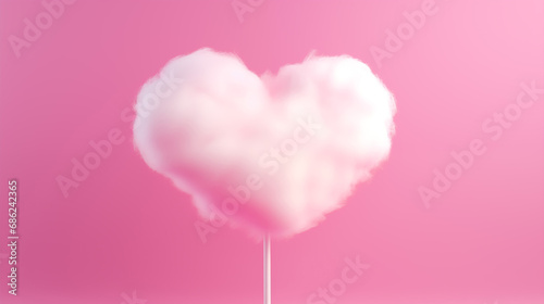 Sweet pink cotton candy in the shape of a heart on a stick on a pink background, side view
