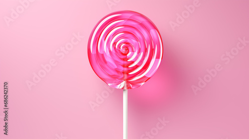 Pink round sweet lollipop on a stick on a pink background, top view 