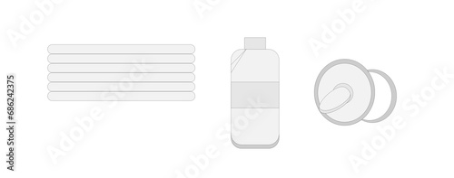 a stack of diapers powder and a gray nipple on a white background